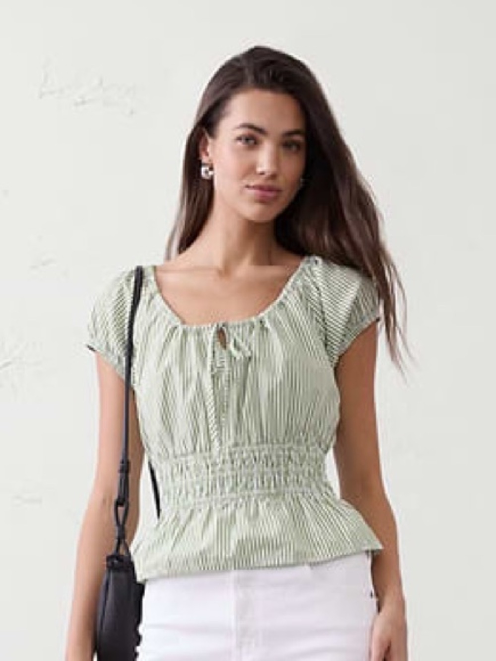 Banana Republic Green-White Striped Elastic Scoop Neck Top